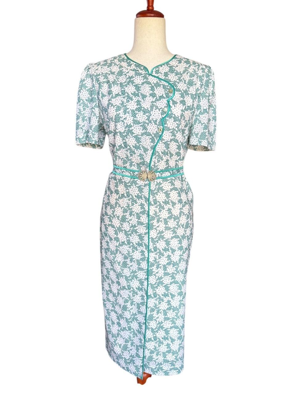 Vintage 40s/50s Day Dress Womens Green White Floral Woven Belted Lined Small 6/8